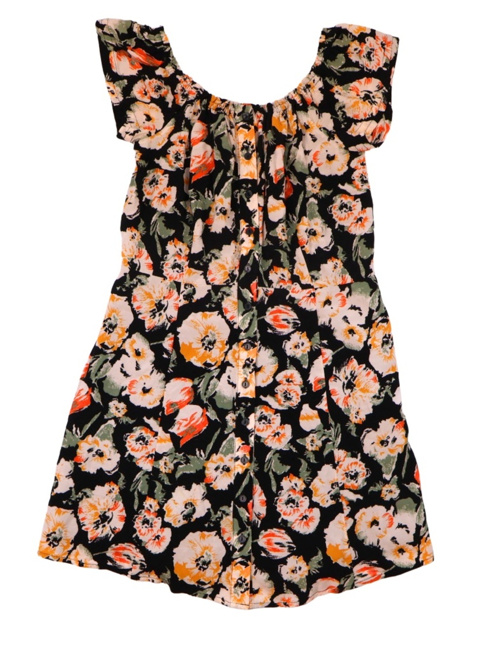 Free People Floral Button Front Dress Size 4 Black Boho Mini